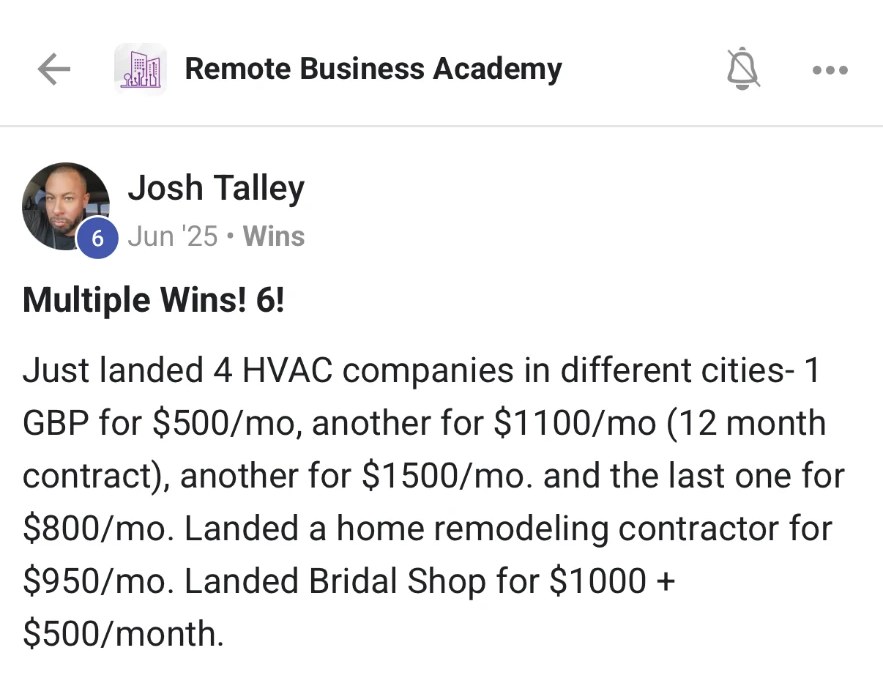 Josh — six new clients across HVAC, remodeling and bridal services totaling $5,150 in monthly retainers