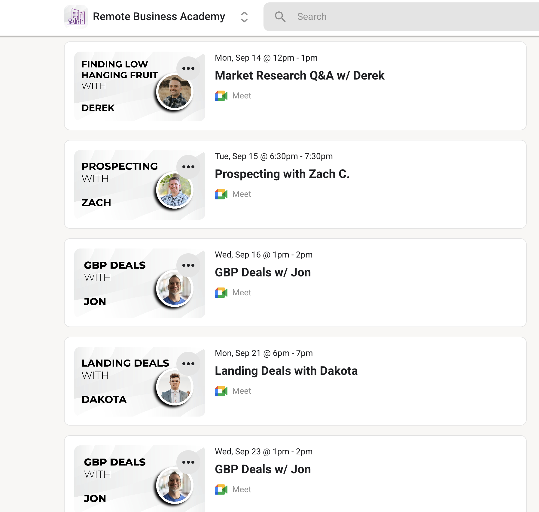 Weekly live group coaching call schedule inside the Remote Business Academy member area