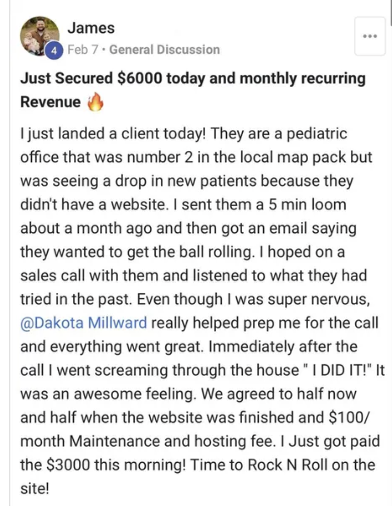 James — $6,000 client plus $100/month maintenance and hosting